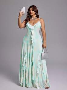 Viva Relle Plus Size Women's Mint Green Tie Dye Ruffle V-Neck Spaghetti Strap Dress, Ethereal & Gentle For Spring/Summer Vacation & Date,Rufle Dress,Elegant Dresses For Ladies - Mint Green - View 3