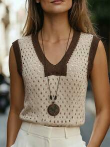 SHEIN Women Summer Beige Knit Vest,V-Neck Sleeveless Openwork Two-Tone Polka Dot Eyelet Pattern,Casual Autumn ,Ribbed Hem Retro Layering Style Occasion - Khaki - View 4
