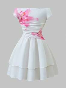 Tween Girl Floral Print Ruffle Layered Off-Shoulder Dress - Multicolor - View 5