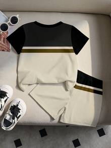 Souflis Souflis Set di t-shirt a girocollo e pantaloncini abbinati con stampa a blocchi di colore nero e cachi, adatto per bambini maschi, ideale per l'estate, casual, all'aperto, sport, scuola - Multicolore - Visualizzare 2
