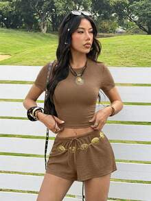 SHEIN EZwear Bộ đồ mặc nhà dệt kim màu kaki thoải mái dành cho nữ - Màu Khaki - Xem 9