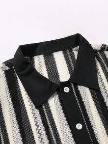 Alderstead Men's Casual Striped Formal Shirt Set For Summer, Short Sleeve Shirt + Drawstring Shorts, Comfortable For Outings - Black - View 3