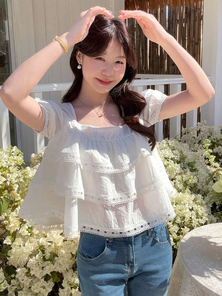 Women's Korean Style Ruffled Floral Trim Fresh Summer Blouse