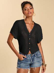 Travachic Women's Fashion Versatile Vacation Crochet Metallic Button Decor Knit Top - Black - View 5