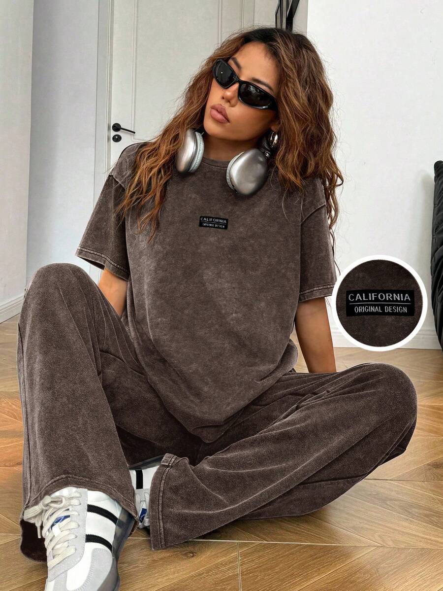 SHEIN EZwear 2pcs Women Casual Outfit - Washed Brown T-Shirt And Pants Set, Daily Wear - Brown - View 1