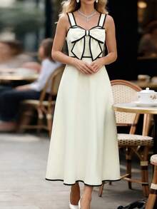 Lyxana Women's Elegant Bow Decor Spaghetti Strap Dress Party Summer - Beige - View 5