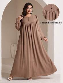 Veilorie Women Plus Size Elegant Solid Color Pleated Loose Buttoned Decorated Dress Fall - Coffee Brown - View 4
