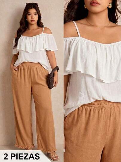 Set de 2 piezas blusa off shoulder y pantalon amplio plus casual elegante uso diario dama moderna primavera verano comodo fresco