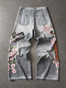 ROMWE MEN Street Life 男士休闲时尚街头度假风虎纹花卉印花水洗牛仔裤 - 灰色 - 查看 2