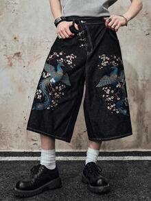 ROMWE MEN Street Life Quần short denim nam thêu hình phượng hoàng với khóa máy bay. - Màu xanh lam - Xem 1