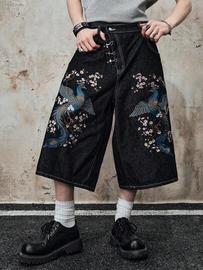ROMWE MEN Street Life Quần short denim nam thêu hình phượng hoàng với khóa máy bay.