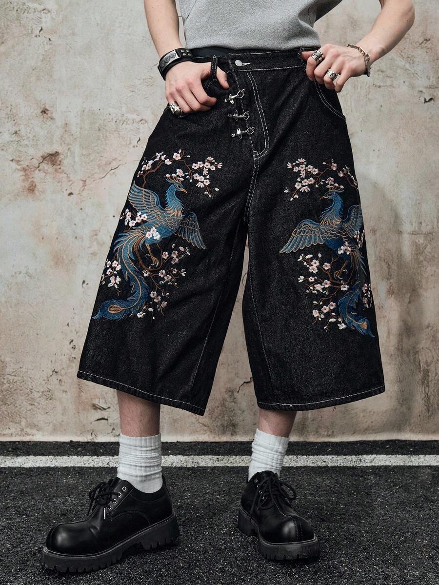 ROMWE MEN Street Life Quần short denim nam thêu hình phượng hoàng với khóa máy bay. - Màu xanh lam - Xem 1