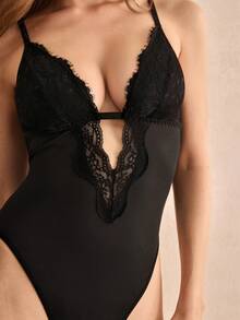 Charlaine Bộ jumpsuit ren đen cổ chữ V sâu gợi cảm dành cho nữ, không gọng, ôm sát thoải mái, không xuyên thấu. - màu đen - Xem 8