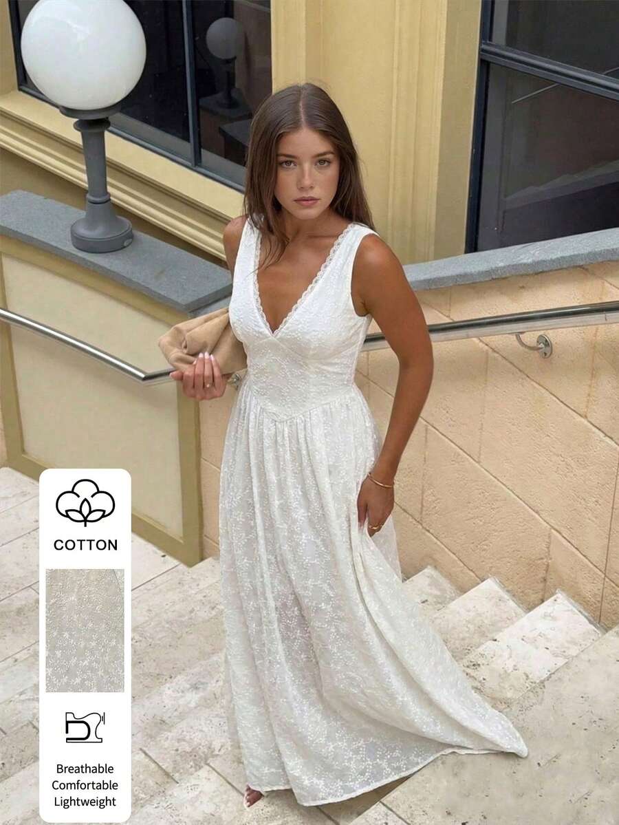 Lucivie Vestido maxi de vacaciones con cuello en V profundo, cintura ceñida y estampado elegante y romántico para mujer - Blanco - Ver 1