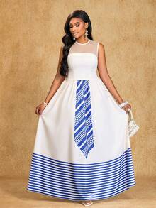 女士性感夏日连衣裙：网纱拼接，A字廓形，凸显腰线（无袖），条纹印花。完美适用于浪漫约会、度假、派对、节日、休闲外出、复活节、狂欢节、婚礼季及类似场合。 - 藍色 - 查看 7