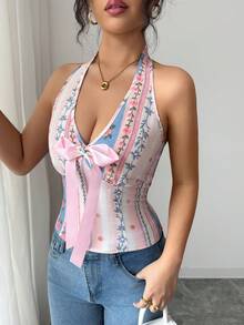 Selianne Women's Blush Pink Summer Boho Vacation Elegant Retro Shirred Fitted Bowknot Decor Print Camisole,Sleeveless Spaghetti Strap Tie Back Top - Pink - View 4