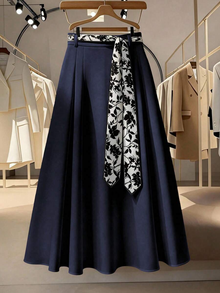 GlowEve CURVE Plus Size Floral Print Waist Belt Elegant Pleated A-Line Skirt, Suitable For Work & Daily Wear - Navy Blue - View 1