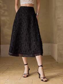 MOTF PREMIUM WOMEN'S ELEGANT CLASSY PERFORATED TEXTURE SKIRT FOR DATES DINNER, AUTUMN BLACK - Black - View 5
