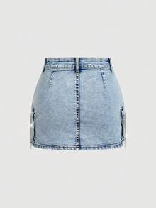 SHEIN MOD 女士时尚水钻装饰流苏实用口袋拉链休闲牛仔迷你裙 - 藍色 - 查看 2