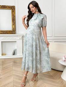 SHEIN 夏季孕妇优雅印花花瓣袖连衣裙 - 彩色 - 查看 2