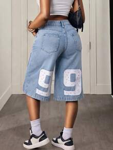 SHEIN Slayr Women's Loose Fit Casual Wide Leg Jeans With Number Pattern Pockets - Light Wash - View 1