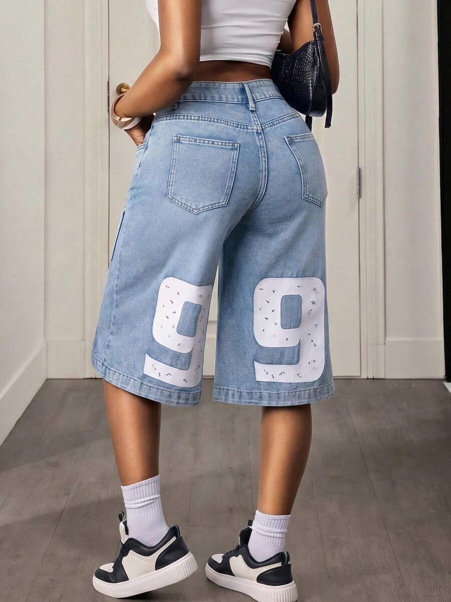 SHEIN Slayr Women's Loose Fit Casual Wide Leg Jeans With Number Pattern Pockets - Light Wash - View 1