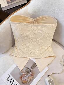 GlowEve 女士时尚蕾丝抹胸上衣，扭结腰身，不对称下摆，浪漫优雅休闲度假旅行外出派对上衣，春夏款 - 杏色 - 查看 2