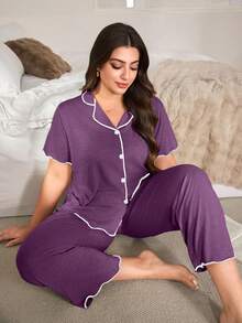 SHEIN Purple Ruffle Trim Super Soft Draping Summer Floral Chiffon Knit Fabric Classic Loose Turndown Collar Open Front, Casual Loungewear PJS - Purple - View 5