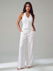 SHEIN Tall Women's Sleeveless Vest Top & Wide Leg Pants 2 Piece Set, Elegant Casual Wear For Commuting, Spring/Summer Women Vacation Outfit Sets Women 2 Piece Outfit Classy Coords Outfit For Women Women Elegant Outfits,Work Outfits For Women - White - View 2