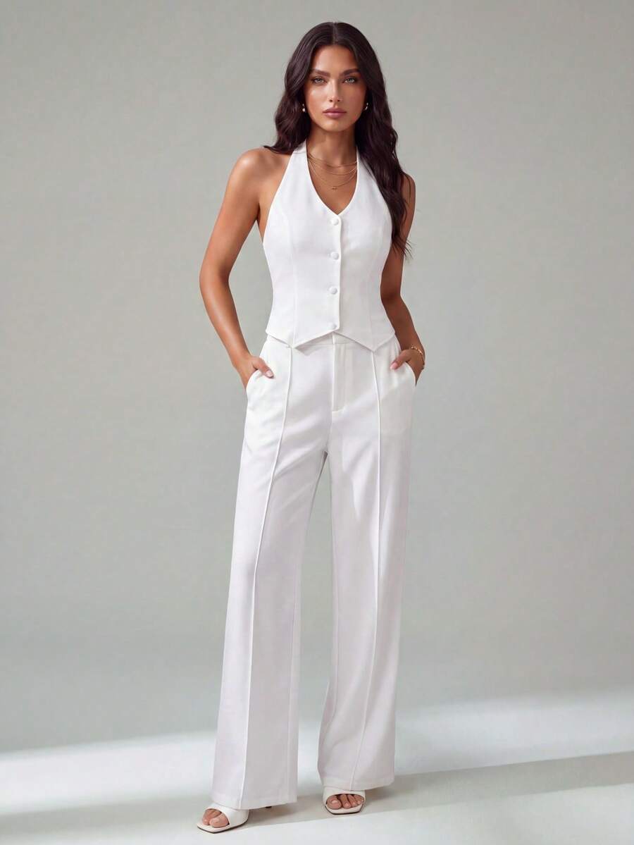 SHEIN Tall Women's Sleeveless Vest Top & Wide Leg Pants 2 Piece Set, Elegant Casual Wear For Commuting, Spring/Summer Women Vacation Outfit Sets Women 2 Piece Outfit Classy Coords Outfit For Women Women Elegant Outfits,Work Outfits For Women