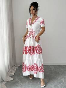 Balvessa Women's Fashion V-Neck Floral Print Elegant Dress, Suitable For Spring/Summer Wedding, Party, Casual Outing And Vacation - Multicolor - View 4
