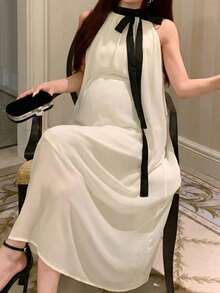 DAZY Contrast Color Patchwork Tie Sash Collar Loose Chiffon Dress, Sleeveless, Elegant Maternity Dress For Spring & Summer Sun Dresses For Women - White - View 8