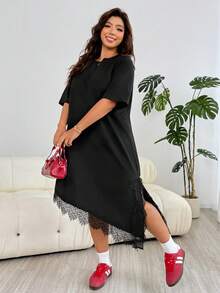 Plus Size Solid Color Minimalist Daily Wear Lace Patchwork Round Neck Short Sleeve Dress - Black - View 5