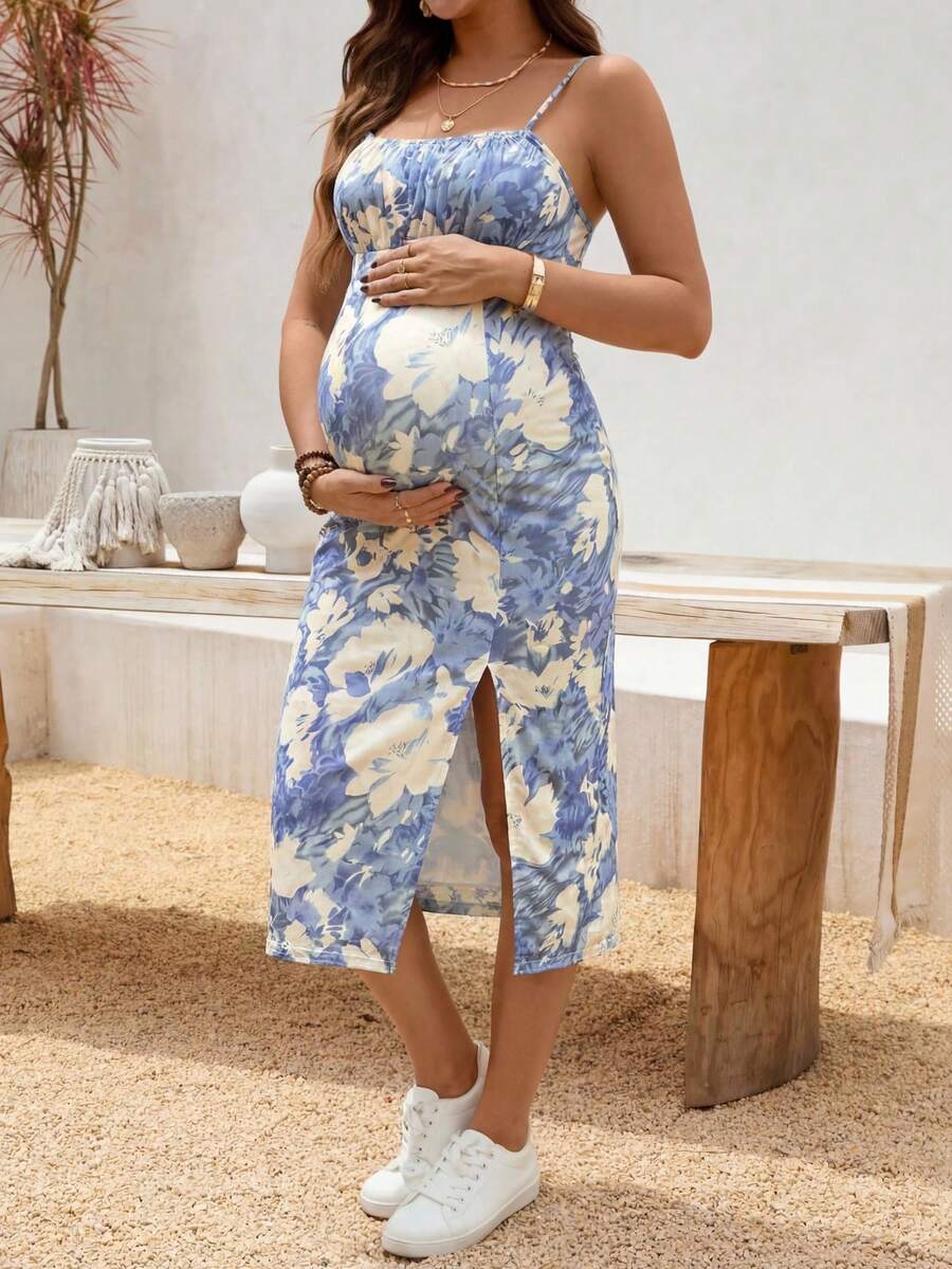 SHEIN 孕妇度假休闲碎花开衩吊带连衣裙 - 藍白色 - 查看 1