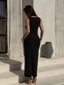 Livesso Robe ajustée à col carré sans manches avec laçage noir pour femmes, robes d'été pour femmes - Noir - Voir 2