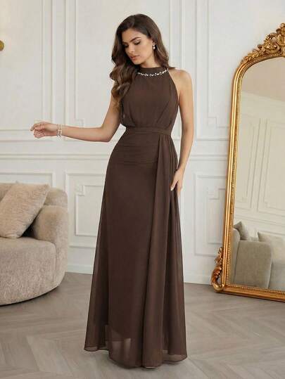 Modelyn Luxury Sequin & Pearl Collar Evening Gown, High-End Formal Dress With Elegant Vibe