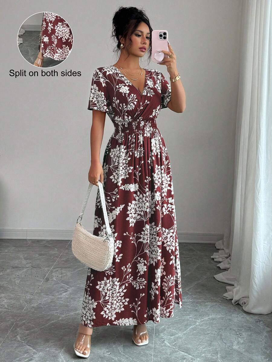 SHEIN Elenzya 女士优雅沙滩度假通勤下午茶派对连衣裙，同色系领口腰带A字双开衩喇叭袖，春夏款 - 紫紅色 - 查看 1