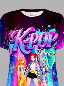 SHEIN 年轻女孩色彩鲜艳、酷炫的K-Pop超级明星卡通女团印花短袖中长连衣裙，适合夏季返校穿着 - 彩色 - 查看 4