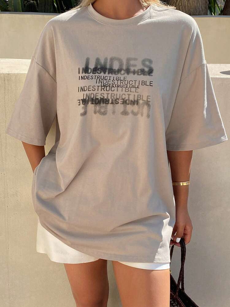 Vintage Letter Print Loose Short Sleeve Round Neck Casual Street Style Summer Top T-Shirt For Women