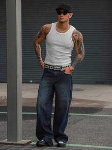 DAZY Pantalones vaqueros de hombre con cintura elástica, textura de tela a rayas, color azul marino - Azul Marino - Ver 6
