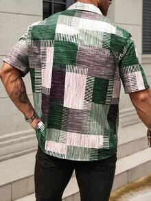 Manfinity Homme Plus Size Men's Summer Casual Patchwork Print Button-Front Short Sleeve Shirt - Multicolor - View 2
