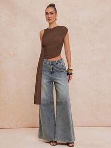 Lumalex Nueva blusa corta con mangas asimétricas fruncidas y ribete de cinta para primavera/verano - Marrón Mocha - Ver 4