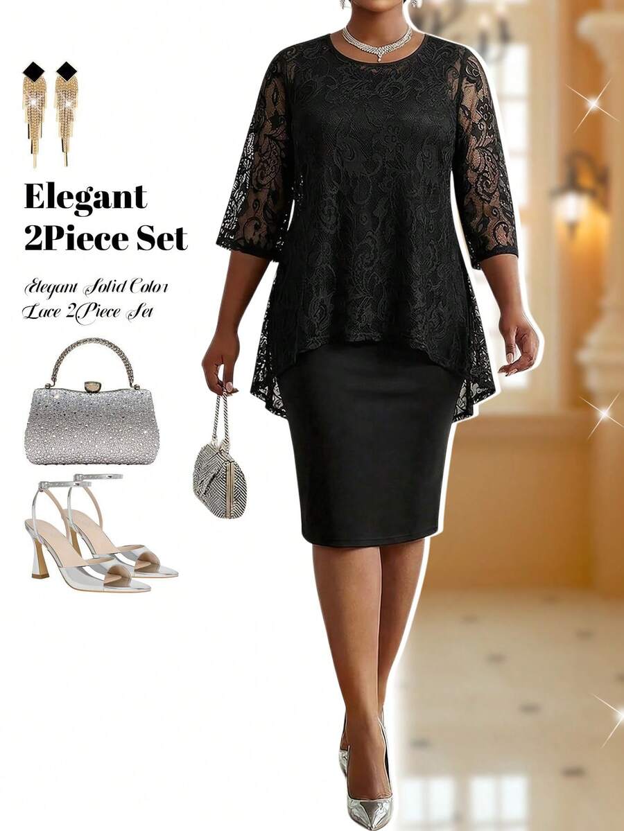 Fleurora Spring And Summer Autumn And Winter Elegant Commuting Office Black Lace Knitted Scoop Neck Midi Three Quarter Length Sleeve - Black - View 1