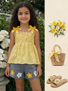SHEIN Elladie kids 两件套女童清新甜美黄色格子雏菊印花吊带背心搭配浅蓝色牛仔短裤。上衣采用黄白格子面料，饰以雏菊印花，配有可调节细肩带，可系成蝴蝶结。下装为浅蓝色牛仔短裤，饰有与上衣相呼应的3D雏菊刺绣细节。这款轻盈舒适的套装非常适合夏季派对、日常出行、户外活动和野餐。2026春夏时尚。 - 黃色 - 查看 4