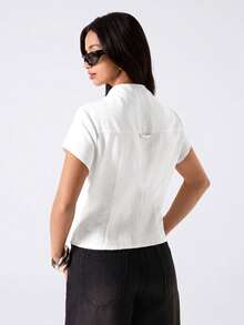 LYSMO Damen Casual Doppelreiher Trichter Kragen Kurzarm Top - Weiss - Übersicht 2
