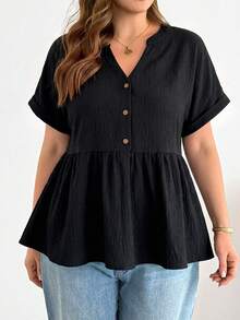 Shapeblank Áo kiểu babydoll cổ chữ V tay ngắn màu đen dành cho nữ cỡ lớn, phong cách xuân/hè, thoải mái, thoáng mát, đa năng, tôn dáng, thích hợp mặc hàng ngày, kiểu dáng cơ bản, đơn giản, thích hợp mặc đi chơi, phong cách mùa hè châu Âu. - màu đen - Xem 5