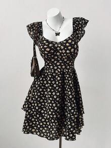 Plus Size Women Casual/Holiday V-Neck Cap Sleeve Cinched Waist Double Layered Hem Mini Dress, Summer - Black - View 6