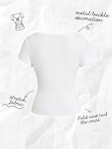 Franclia Women's Spring/Summer New Apricot Cinched Waist Raglan Sleeve Wide Collar Metal Buckle Decor Casual Commute Vacation Date Top Tee - White - View 2