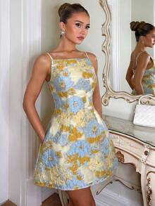 Glamine Charm 女士欧根纱提花金属饰边A字公主吊带裙，短款夏季迷你派对宾客婚礼鸡尾酒会连衣裙，秋季女装返校季 - 藍色 - 查看 5