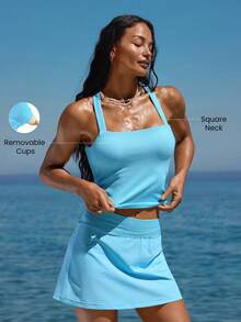 Ultrafine Soft Seamless Soak Up The Sun Square Neck Open Back Removable Cups Tank Top Training Running Workout Gym Fitness Active Wear - Breezy Blue - View 2